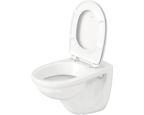 Wandhangend diepspoeltoilet met open spoelrand en omhooggeklapte toiletdeksel