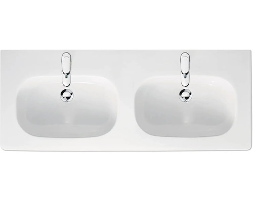 Twee keramische opzetwastafels met kraan voor de badkamer