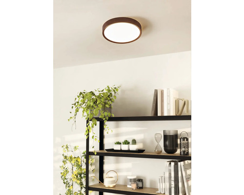 Plafondlamp met ronde lampenkap aan het plafond boven een plank