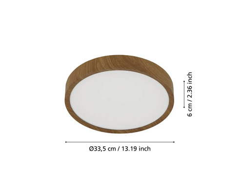 Ronde plafondlamp met houtlook en de afmetingen 33,5 cm diameter en 6 cm hoogte