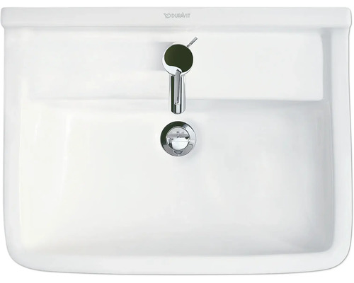 Bovenaanzicht van een witte keramische wastafel met kraan en afvoergarnituur