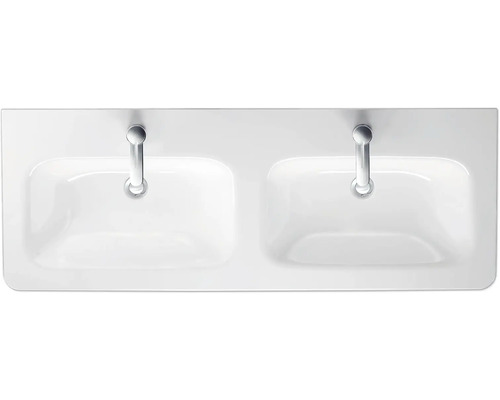 Bovenaanzicht van een dubbele wastafel met twee kranen