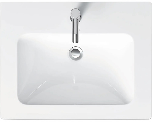 Bovenaanzicht van een rechthoekige, witte opzetwastafel met kraan