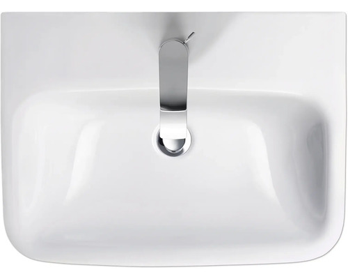 Bovenaanzicht van een witte keramische wastafel met kraan