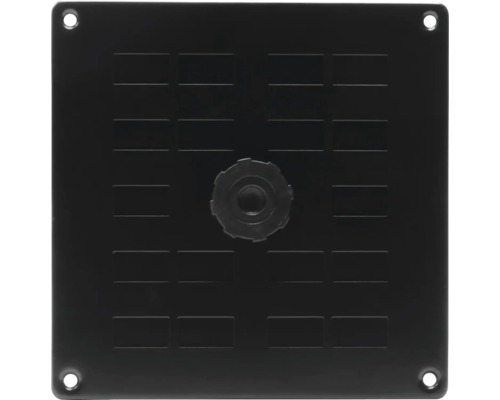 Zwarte montageplaat met centrale bevestiging en gaten in de hoeken