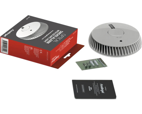 FireAngel rookmelder met verpakking, bevestigingsmateriaal en batterij