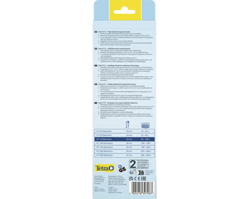 Tetra aquariumverwarmer productverpakking met technische details en fabrikantinformatie