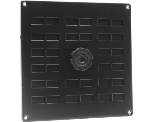 Zwarte verdeelplaat met rechthoekige uitsparingen en draaiknop