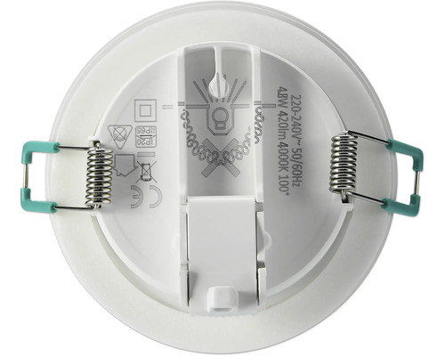 Achterkant van een ronde LED-inbouwspot met bevestigingsveren