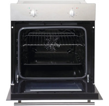 Ingebouwde oven met open deur, grillrooster en heteluchtfunctie.