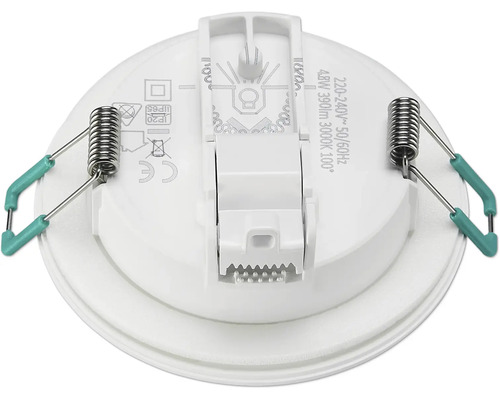 Achterkant van een ronde inbouwspot met veren voor bevestiging