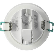 Achterkant van een ronde inbouwlamp met veren en technische informatie