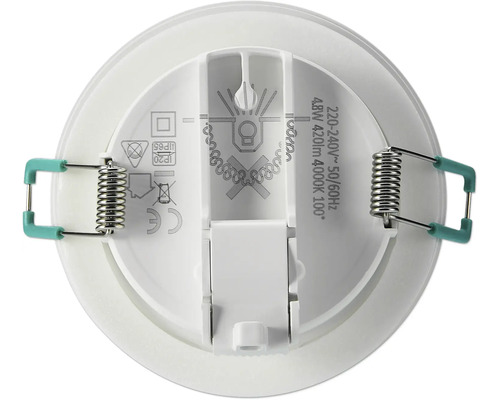 Achterkant van een ronde inbouwlamp met veren en technische informatie