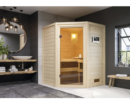 Moderne badkamer met houten sauna, wastafel met spiegel en raam