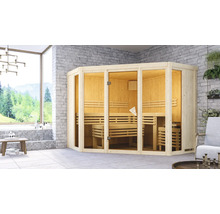 Houten sauna met glazen voorkant in een moderne badkamer