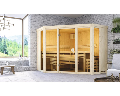 Houten sauna met glazen voorkant in een moderne badkamer