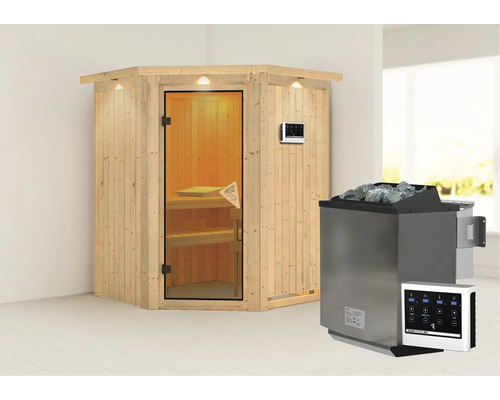 Sauna met saunakachel en bedieningspaneel