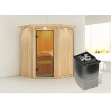Houten hoeksauna met saunakachel en saunastenen.