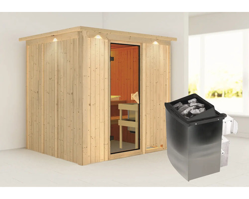 Houten sauna met saunakachel en glazen voorkant