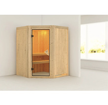 Houten sauna met glazen deur en interieur