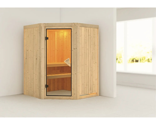 Houten sauna met glazen deur en interieur
