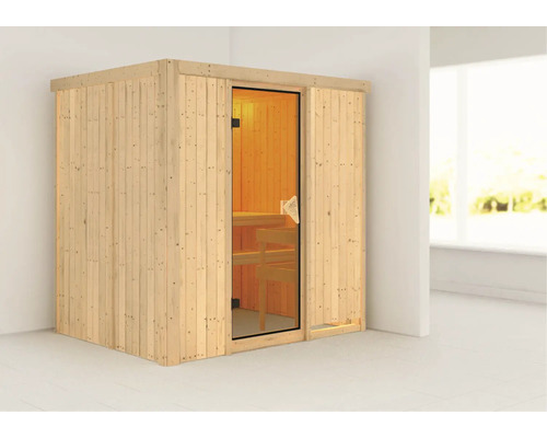 Houten sauna met glazen deur en banken