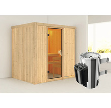 Houten sauna met glazen deur en saunakachel