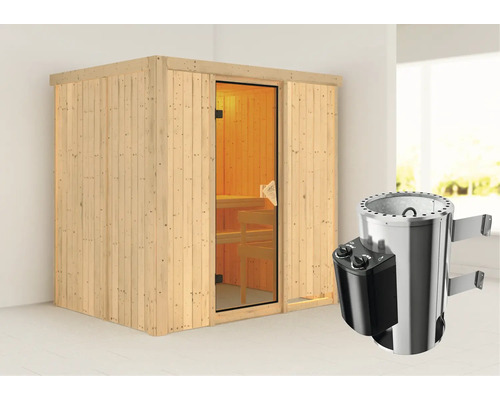 Houten sauna met glazen deur en saunakachel