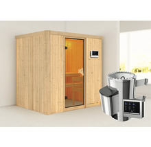 Houten sauna met glazen deur en saunakachel met bediening
