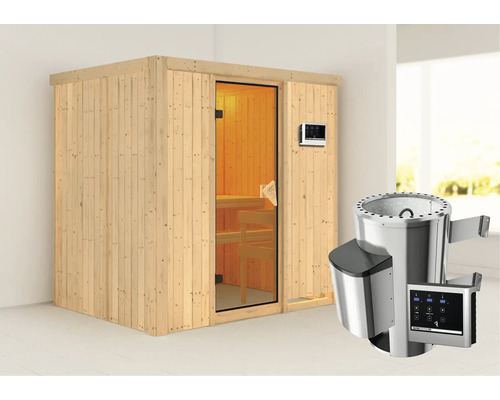 Houten sauna met glazen deur en saunakachel met bediening