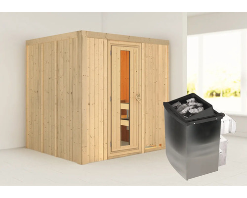 Houten sauna met kachel en stenen