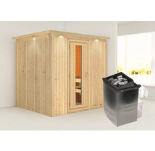 Houten sauna met glazen deur en saunakachel