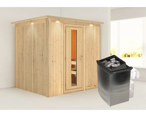 Houten sauna met glazen deur en saunakachel