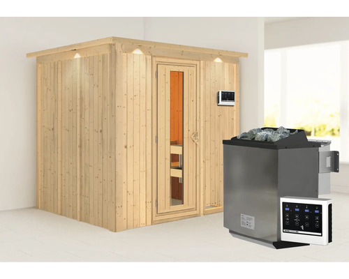 Houten sauna met saunakachel en bediening