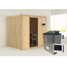 Houten sauna met glazen deur en saunakachel met stenen