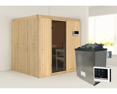 Houten sauna met glazen deur en saunakachel met stenen
