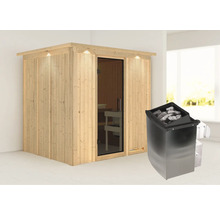 Sauna met kachel en stenen in een lichte ruimte