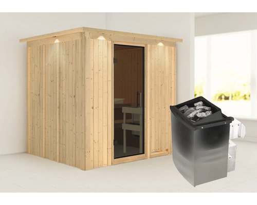 Sauna met kachel en stenen in een lichte ruimte
