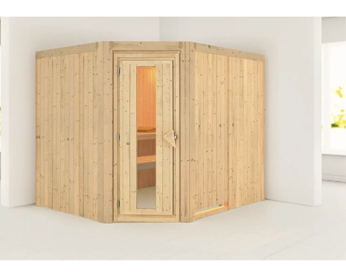 Houten hoeksauna met glazen deur in een lichte kamer.