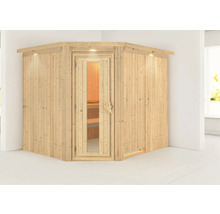 Hoeksauna van hout met glazen deur en verlichting
