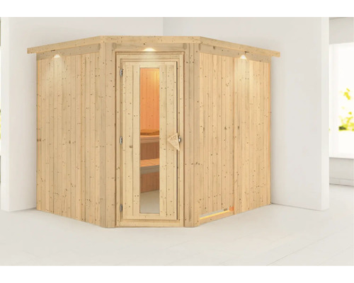 Hoeksauna van hout met glazen deur en verlichting
