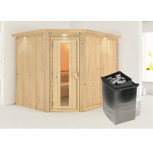 Houten hoeksauna met kachel en saunastenen