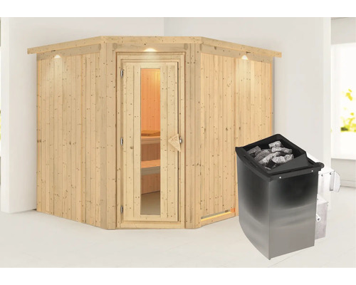 Houten hoeksauna met kachel en saunastenen