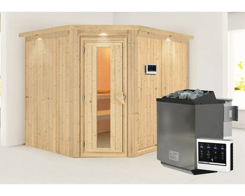 Houten hoeksauna met saunakachel en bediening