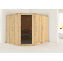 Hoeksauna met glazen deur en houten bekleding