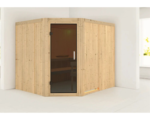 Hoeksauna met glazen deur en houten bekleding