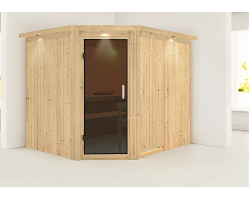 Houten hoeksauna met glazen deur en binnenverlichting