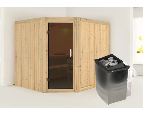 Hoeksauna met glazen deur en saunakachel