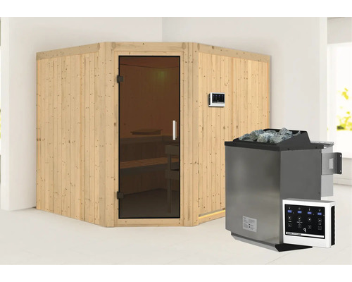 Houten sauna met glazen deur en saunakachel