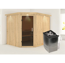 Houten hoeksauna met glazen deur en saunakachel met saunastenen